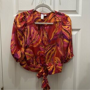 Joie Red and Orange Puff‎ Sleeve Cropped Blouse
